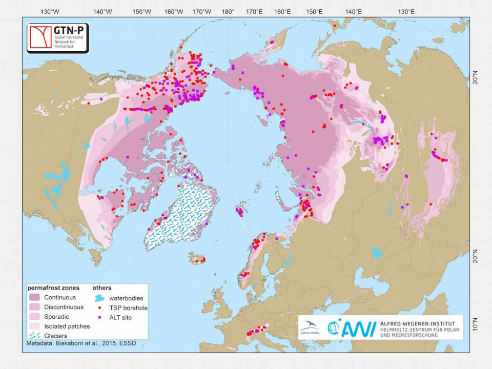 A map showing the extent of permafrost across the northern hemisphere in purple shading. You can also see the location of data included in the new database, shown by the red and purple dots. (Image: GTN-P Database)