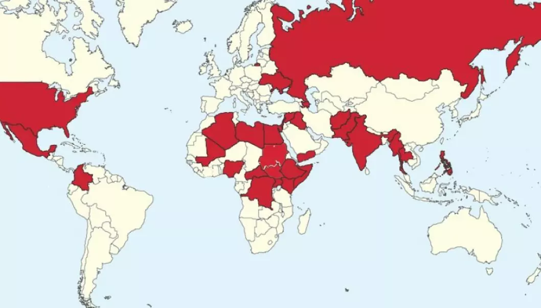 People in the countries coloured red were killed in 2014 by organised violence. (Image: UCDP, Uppsala University’s Conflict Data Program)