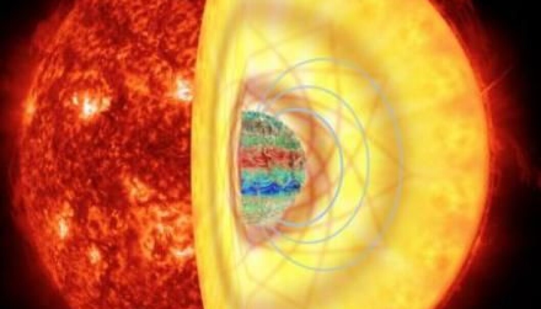 A star's inner magnetic field can change the way waves propagate through it. (Illustration: RA García, K. Augustson, J. Fuller, G. Pérez / AIA / SDO) A star's inner magnetic field can change the way waves propagate through it. (Illustration: RA García, K. Augustson, J. Fuller, G. Pérez / AIA / SDO)