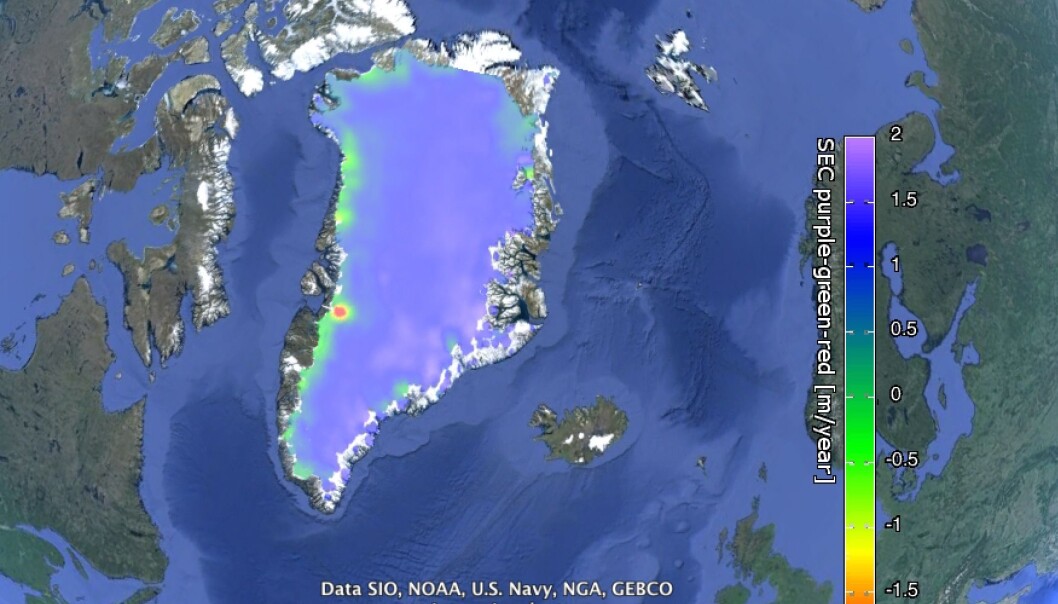Change in height of the Greenland Ice Sheet between 2007 and 2011. Purple indicates a gain in height, green and red indicates ice loss around the margins of the ice sheet. (Photo: Screenshot of the Greenland Ice CCI data viewed in Google Earth) Change in height of the Greenland Ice Sheet between 2007 and 2011. Purple indicates a gain in height, green and red indicates ice loss around the margins of the ice sheet. (Photo: Screenshot of the Greenland Ice CCI data viewed in Google Earth)
