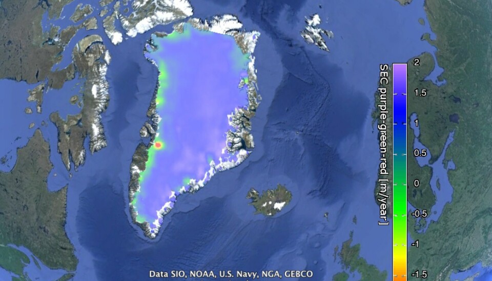 Change in height of the Greenland Ice Sheet between 2007 and 2011. Purple indicates a gain in height, green and red indicates ice loss around the margins of the ice sheet. (Photo: Screenshot of the Greenland Ice CCI data viewed in Google Earth)