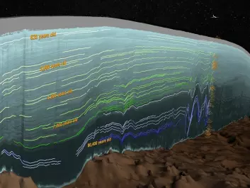 Here you can see the ice layers of the Greenland ice sheet, collected by radar-stratigraphy on a single flight in 2011. Green lines show ice layers formed after 11,700 years ago. It is these layers of hard ice that have caused large parts of the ice sheet to decelerate (Photo: <a href=https://svs.gsfc.nasa.gov/cgi-bin/details.cgi?aid=4249
 target="blank_">NASA's Scientific Visualization Studio</a>)

