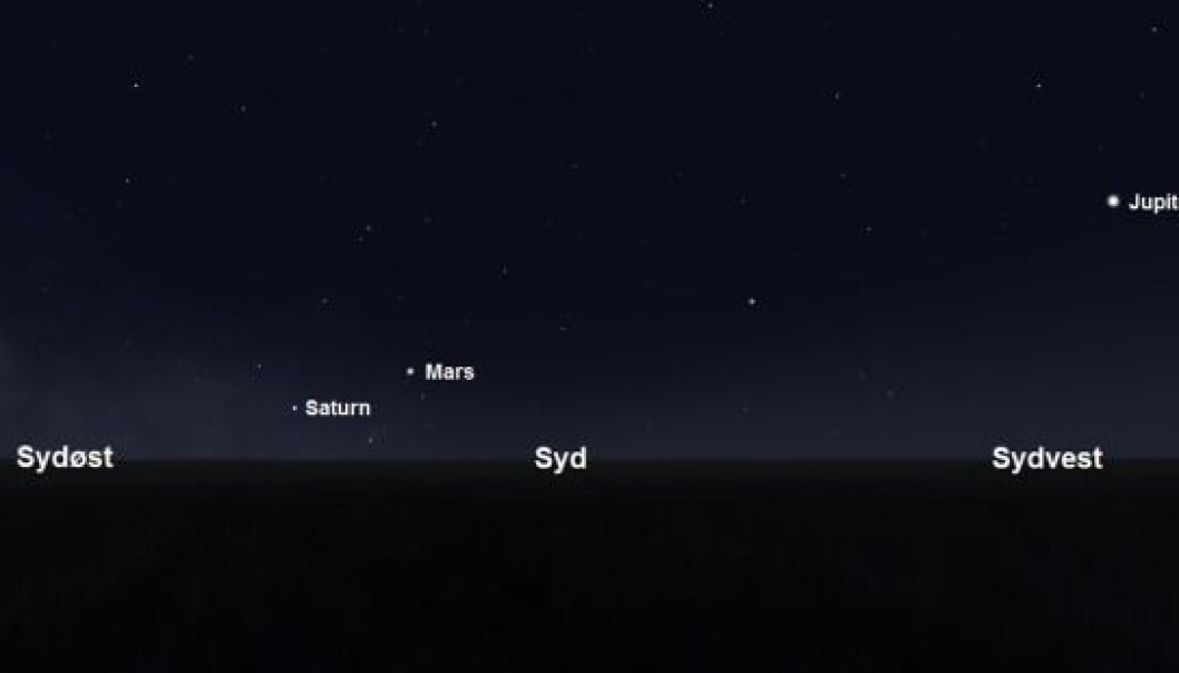 Saturn, Mars, and Jupiter, will all be visible this month. This is how the night sky will appear on 15th March at 3.30 am, from Denmark. (Illustration: Karsten Bomholt) Saturn, Mars, and Jupiter, will all be visible this month. This is how the night sky will appear on 15th March at 3.30 am, from Denmark. (Illustration: Karsten Bomholt)