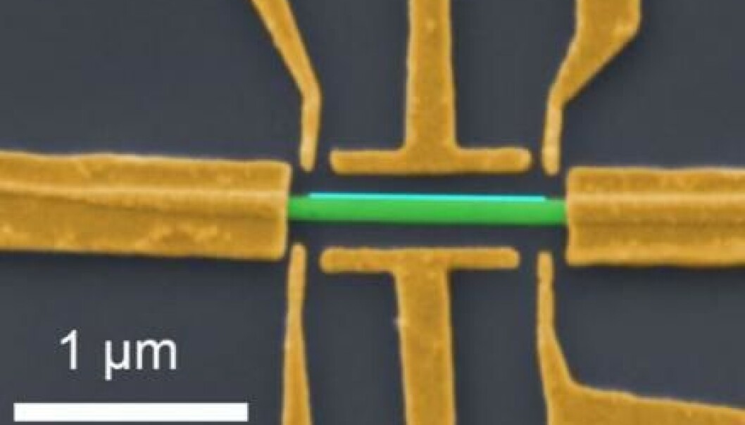 A nanowire (green) coated with a thin layer of aluminium (blue) connected to electrodes. These allow physicists to measure Majorana modes. The thread is less than a millionth of a metre thick. (Image: Nature) A nanowire (green) coated with a thin layer of aluminium (blue) connected to electrodes. These allow physicists to measure Majorana modes. The thread is less than a millionth of a metre thick. (Image: Nature)