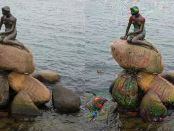 The program <a href=http://deepdreamgenerator.com/ target="_blank">Deep Dream</a> by Google makes a simulated brain hallucinate. Here The Little Mermaid of Copenhagen, Denmark, has been given the treatment. (Foto: Dion Hinchcliffe)