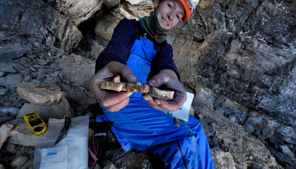 Gina Moseley holds up a piece of speleothem, which she took back to Austria for analysis. In total, the team collected 16 samples of speleothem, which mostly formed between 220,000 and 500,000 years ago. (Photo: Robbie Stone).