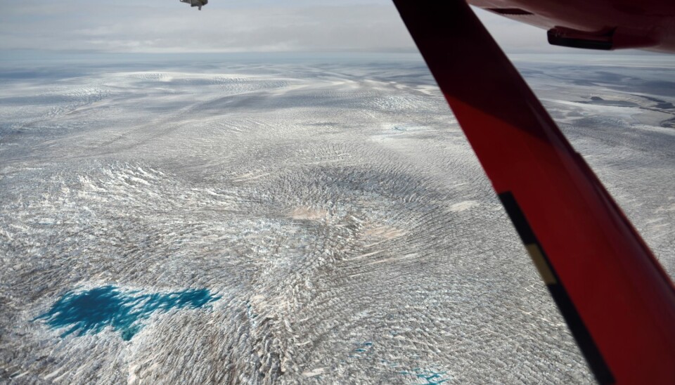 The team set off on a twin otter plane to Centrum Sø where they made base camp. There were plenty of photo opportunities during the five-hour flight. Here you see melt water pooling on the dark surface of the ice sheet. (Photo: Robbie Stone).