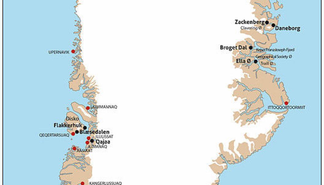 The new book presents five years of research from the Center for Permafrost, University of Copenhagen, and covers the ice-free margins of Greenland from the Polar north, to Zackenberg research station on the east coast, to the farming south, and Disko Bay on the west coast. (Map: Bo Elberling) The new book presents five years of research from the Center for Permafrost, University of Copenhagen, and covers the ice-free margins of Greenland from the Polar north, to Zackenberg research station on the east coast, to the farming south, and Disko Bay on the west coast. (Map: Bo Elberling)