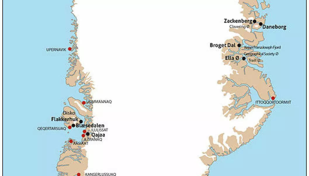 The new book presents five years of research from the Center for Permafrost, University of Copenhagen, and covers the ice-free margins of Greenland from the Polar north, to Zackenberg research station on the east coast, to the farming south, and Disko Bay on the west coast. (Map: Bo Elberling)