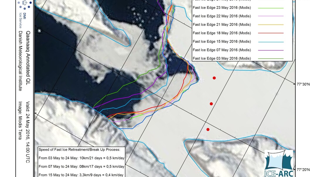 The satellite photo shows the recent fast ice-retreat on Inglefield Bredning fjord, near Qaanaaq, northwest Greenland. The red dots mark the location of the weather stations that were rescued with the help of local hunters. (Source Martin Nissen / DMI) The satellite photo shows the recent fast ice-retreat on Inglefield Bredning fjord, near Qaanaaq, northwest Greenland. The red dots mark the location of the weather stations that were rescued with the help of local hunters. (Source Martin Nissen / DMI)