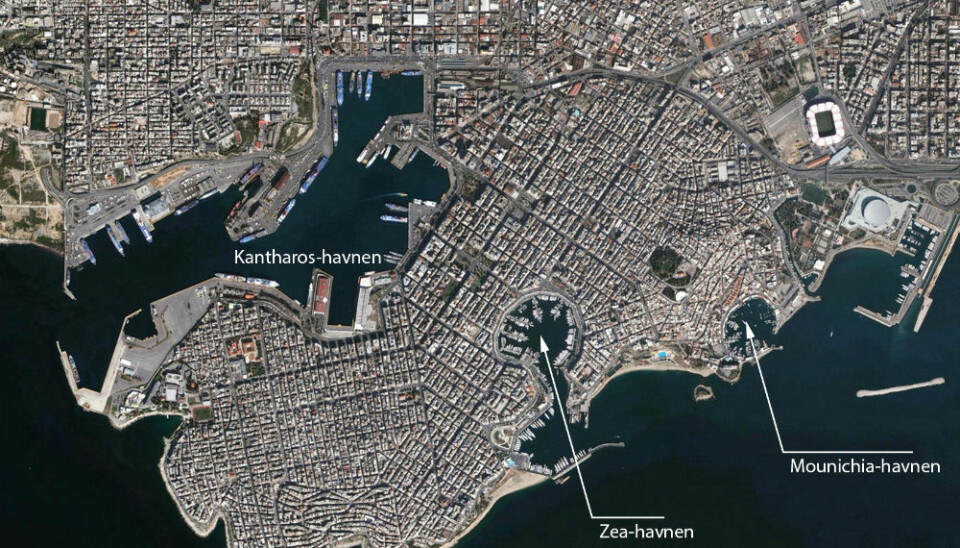 Satellite Photograph of modern day Piraeus, which shows the three ports Zea, Mounichia, and Kantharos. (Image: GoogleEarthPro)