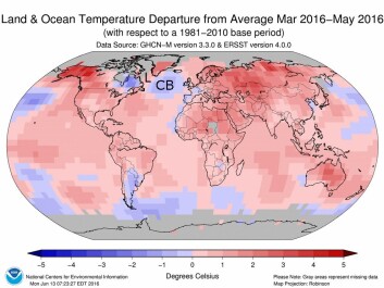 The so-called ‘cold blob’ is seen here as the cold patch of ocean in the Irminger Sea (marked as ‘CB’) south east of Greenland and east of the Labrador Sea (marked by ‘L’). It emerged in global temperature maps around two years ago. (Illustration: NOAA, National Centre for Environmental Information) The so-called ‘cold blob’ is seen here as the cold patch of ocean in the Irminger Sea (marked as ‘CB’) south east of Greenland and east of the Labrador Sea (marked by ‘L’). It emerged in global temperature maps around two years ago. (Illustration: NOAA, National Centre for Environmental Information)