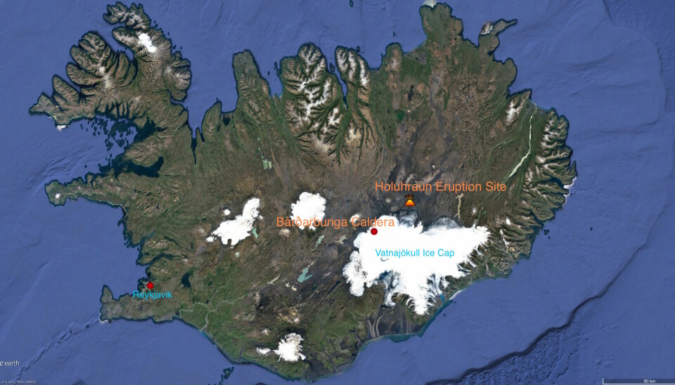 Location of the eruption site at Holuhraun and the Bárðarbunga caldera. The magma erupted just a few kilometres away from the edge of the Vatnajökull ice cap--one of Europe’s largest glaciers. (Illustration: Google Earth)