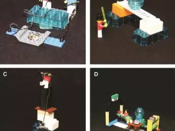 The participants in the study were asked to make Lego models representing six different abstract concepts: responsibility, cooperation, knowledge, justice, security and tolerance. The pictures show four of the finished models. (Photo: University of Aarhus)