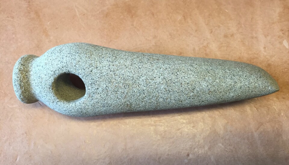 An alternative view of a Stone Age axe head, which was discovered on site. (Photo: Mikkel Andreas Beck)