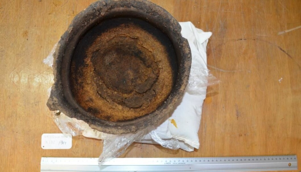 The unusual yellow deposit in a Bronze Age pot may be the preserved remains of cheese making, albeit a failed attempt. (Photo: Museum Silkeborg) The unusual yellow deposit in a Bronze Age pot may be the preserved remains of cheese making, albeit a failed attempt. (Photo: Museum Silkeborg)