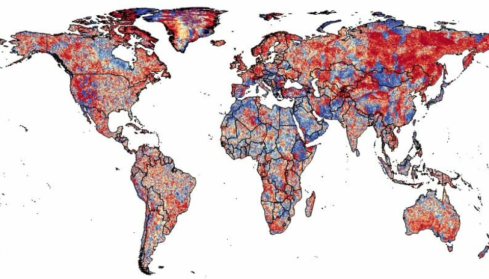 Rainfall and temperature trends are heading in opposite directions over most of the planet, shown here by the red shading. For example some of these places are becoming hotter but also drier. This divergence puts wildlife under pressure to adapt to new emerging climate regimes. (Illustration: Alejandro Ordonez)