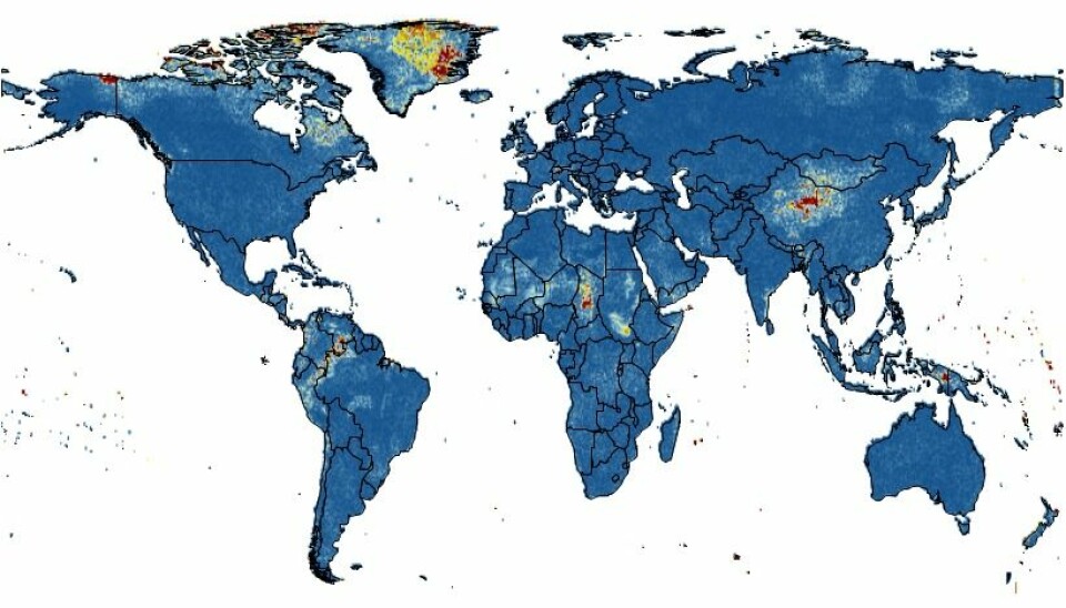 New climate regimes have already emerged over 3.4 per cent of the Earth’s land surface since the early 20th century. Hotspots in the Tropics and Greenland are shown by yellow and red shading, where red indicates the largest changes. (Illustration: Alejandro Ordonez)
