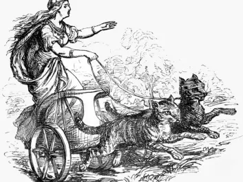 Freja in her carriage pulled by cats. Picture by Ludwig Pietsch, 1865. (Wikimedia Commons)