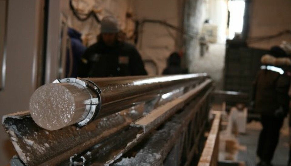 The NEEM ice core from north Greenland being prepared for analysis. The core is 2.5 kilometres long and contains a record of climatic changes between the present day, all the way back to the Eemian, a warm period in the Earth’s history about 125,000 years ago. (Photo: Paul Vallelonga)