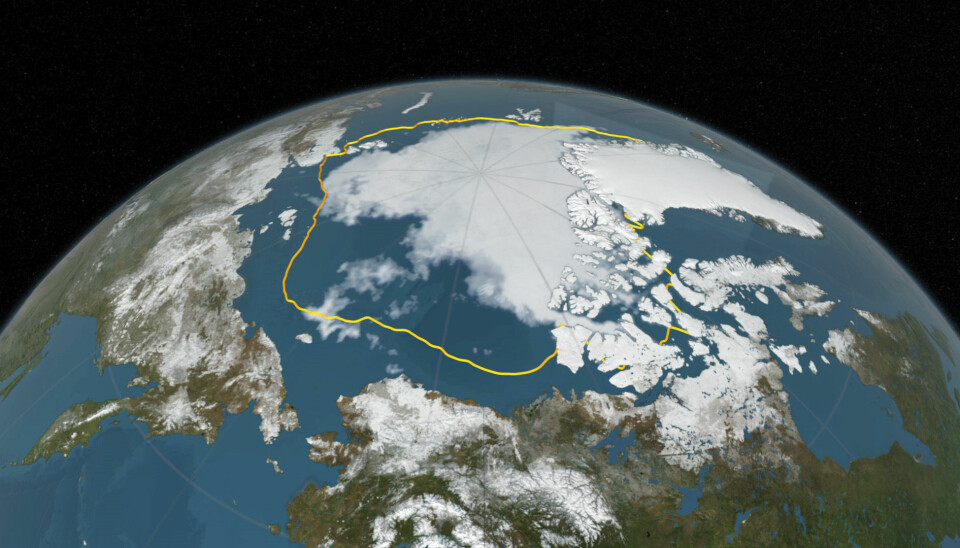 The 2016 Arctic sea ice annual minimum extent was 911,000 square miles below the 1981-2010 average, shown here as a gold line. It was joint second with 2007 as the lowest on record. The lowest was in 2015. (Photo: NASA visualisation studio)
