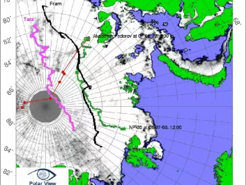 The map shows the routes of Fram and Tara across the North Pole. Also shown is the route of the Russian research station NP 35, whose journey in 2007 lasted only ten months.