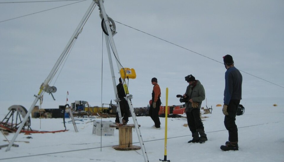 It took an enormous amount of equipment and nearly 15 people to drill a 20 centimetre wide hole through the 500 metre thick ice shelf. (Photo: T Stanton)