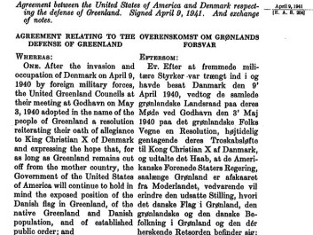 The Defence of Greenland Act 1941, US Congressional Records. When Germany occupied Denmark during the Second World War, the USA took responsibility for the defence of the island. You can read the full document at the bottom of the article. (Photo: ScienceNordic) The Defence of Greenland Act 1941, US Congressional Records. When Germany occupied Denmark during the Second World War, the USA took responsibility for the defence of the island. You can read the full document at the bottom of the article. (Photo: ScienceNordic)