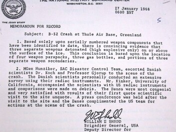 The new project discovered that Denmark had much more influence on US activities in Greenland that is commonly thought. A snapshot of a memorandum in February 1968, noting the cooperation between US and Danish scientists in the clean up operation following the crash of a US B-52 fighter jet carrying four atomic weapons close to Thule Air Base in January 1968. (Photo: Kristine Harper / Courtesy of Lyndon Baines Johnson Presidential Library) The new project discovered that Denmark had much more influence on US activities in Greenland that is commonly thought. A snapshot of a memorandum in February 1968, noting the cooperation between US and Danish scientists in the clean up operation following the crash of a US B-52 fighter jet carrying four atomic weapons close to Thule Air Base in January 1968. (Photo: Kristine Harper / Courtesy of Lyndon Baines Johnson Presidential Library)