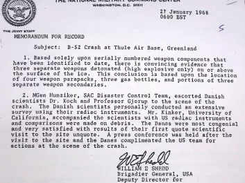 The new project discovered that Denmark had much more influence on US activities in Greenland that is commonly thought. A snapshot of a memorandum in February 1968, noting the cooperation between US and Danish scientists in the clean up operation following the crash of a US B-52 fighter jet carrying four atomic weapons close to Thule Air Base in January 1968. (Photo: Kristine Harper / Courtesy of Lyndon Baines Johnson Presidential Library)