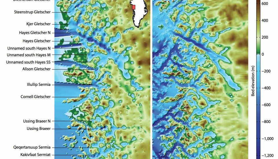 Northwest Greenland coast mapped before (left) and after (right) OMG sea floor data were incorporated. A faint white line shows the edge of the glacier ice. The OMG data reveals previously unknown troughs. (Image: UCI / OMG)