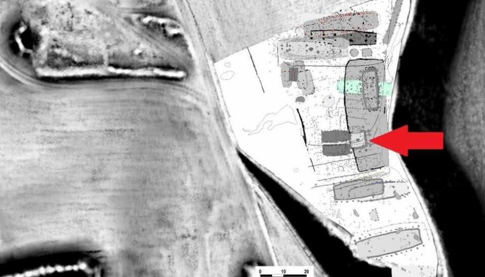 The high-ground, southern part of the settlement at Toftum Naes, Denmark. The arrow indicates where the tower once stood. (Illustration: Kamilla Fiedler Terkildsen)