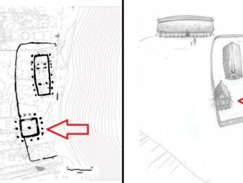 The tower area with fenced ceremonial house and a north-south facing house. The tower is indicated by the red arrows. (Illustration: Tom Lock) The tower area with fenced ceremonial house and a north-south facing house. The tower is indicated by the red arrows. (Illustration: Tom Lock)