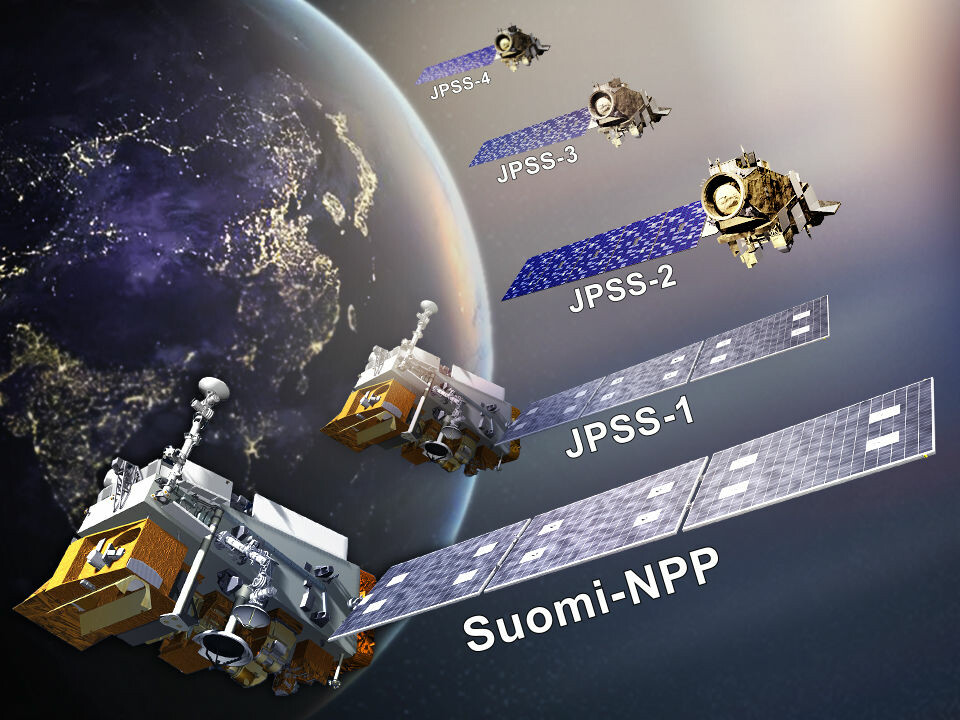 NOAA currently operates three polar orbiting satellites: Suomi-Npp, JPSS-1, and JPSS-2. These satellites provide data for weather prediction models in the US. Funding cuts are proposed to two future satellites (JPSS-3 and -4), which were intended to launch in the mid-2020s and could results in a void in data for weather and climate agencies in the US and abroad. (Illustration: JPSS project / NOAA).