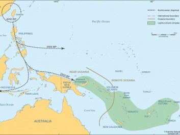 The map shows the spread of agriculturalists from Taiwan, south to Indonesia and east to the Bismarck Archipelago by New Guinea. The brown stripe shows the dividing line between the near and far Oceania and the green area marks the extent of the Lapita culture. (Illustration: Frederiwue Valentin) The map shows the spread of agriculturalists from Taiwan, south to Indonesia and east to the Bismarck Archipelago by New Guinea. The brown stripe shows the dividing line between the near and far Oceania and the green area marks the extent of the Lapita culture. (Illustration: Frederiwue Valentin)