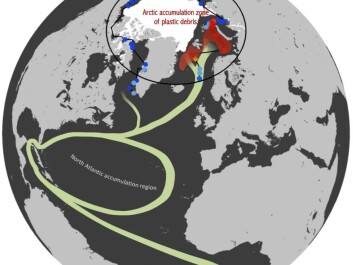 The red-orange dots show the “plastic islands” in the Barents Sea (north of Norway) and the Greenland Sea (east of Greenland), where plastic waste from the USA and Europe has been accumulating in recent decades. (Illustration: Andres Cozar) The red-orange dots show the “plastic islands” in the Barents Sea (north of Norway) and the Greenland Sea (east of Greenland), where plastic waste from the USA and Europe has been accumulating in recent decades. (Illustration: Andres Cozar)