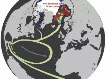 The red-orange dots show the “plastic islands” in the Barents Sea (north of Norway) and the Greenland Sea (east of Greenland), where plastic waste from the USA and Europe has been accumulating in recent decades. (Illustration: Andres Cozar)