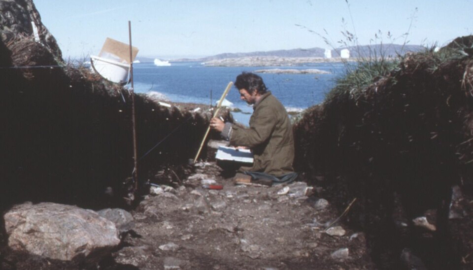 Geologist Charlie Christensen in 1986, describing section C—the most important profile section at Qeqertasussuk. (Photo: Bjarne Grønnow)