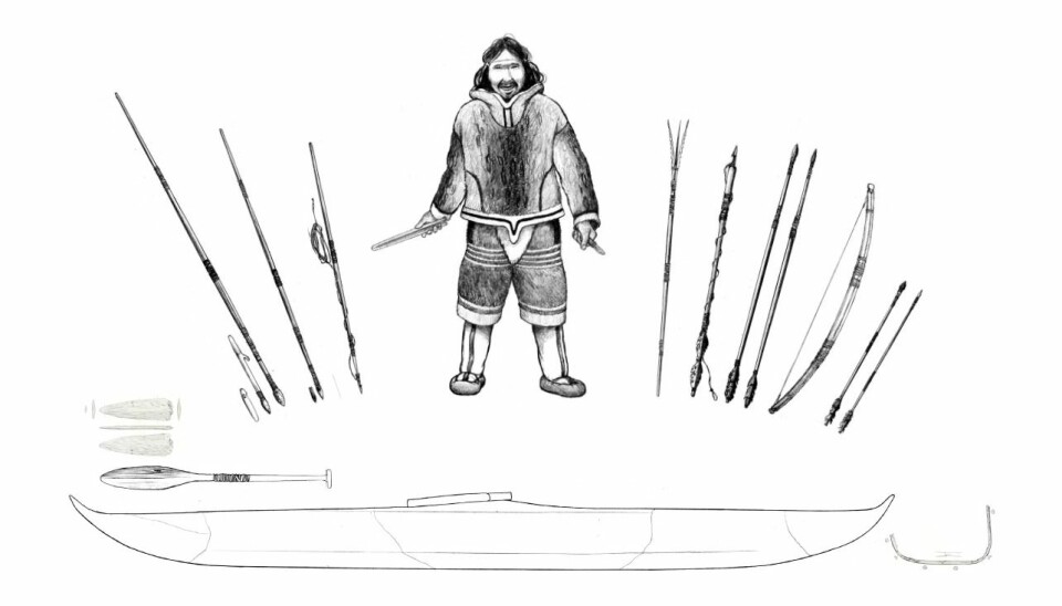 Reconstruction of a Saqqaq man in hunting gear, based on the discoveries made at Qajaa, Qeqertasussuk, and other Saqqaq settlements. (Illustration: Nuka Godtfredsen)
