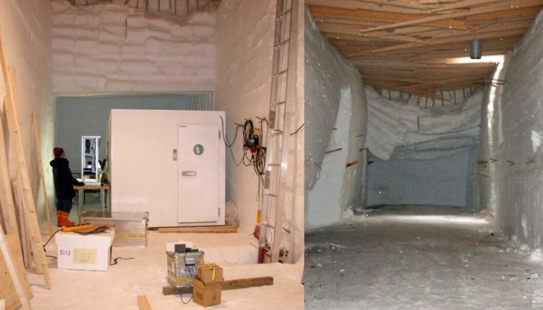 Snow exerts pressure on a wooden ceiling and makes it unusable in just a few years. The same hole in 2009 and 2012. The ceiling has fallen from 4.6 to 3.25 metres and many of the beams are now broken. (Photos: J. P. Steffensen) Snow exerts pressure on a wooden ceiling and makes it unusable in just a few years. The same hole in 2009 and 2012. The ceiling has fallen from 4.6 to 3.25 metres and many of the beams are now broken. (Photos: J. P. Steffensen)