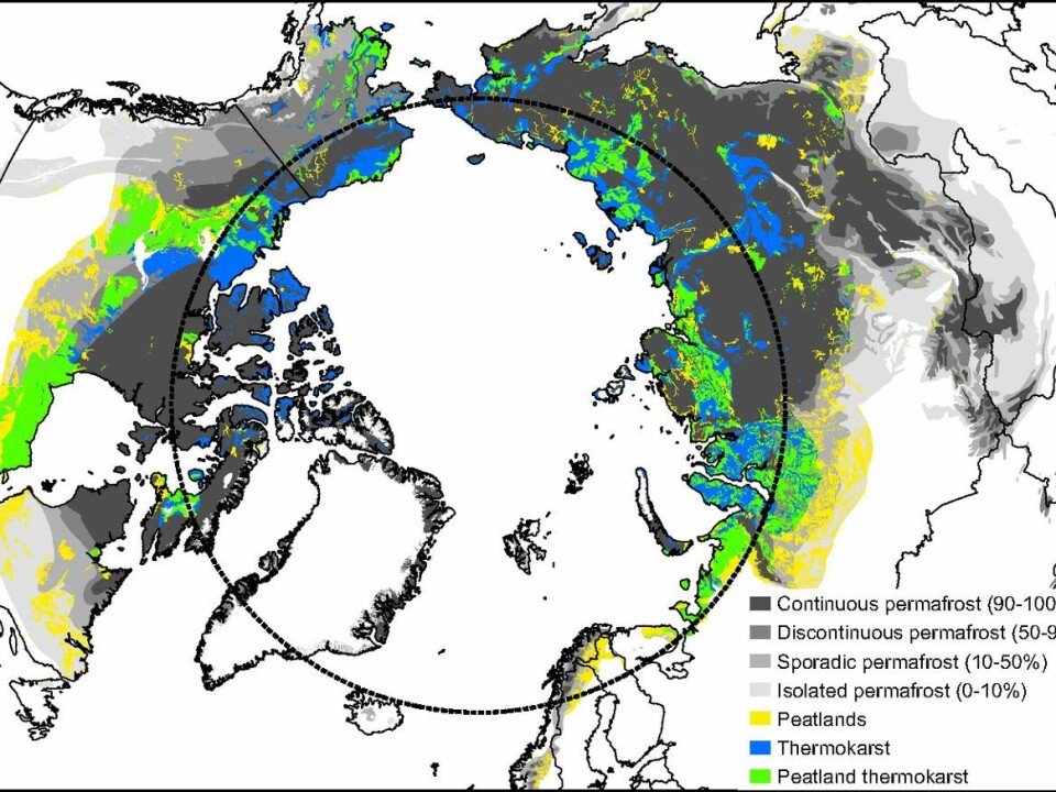 The yellow, blue and green shading show the various types of soils in the Arctic with a high potential for nitrous oxide emissions due to permafrost thaw. (Map. Voigt et al. 2017)