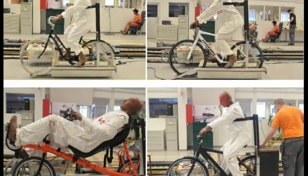 Here are the four bicycles that were scientifically tested – and the unfortunate crash-test dummies that went along for short rides. (Photo: Jan Wenäll, VTI)