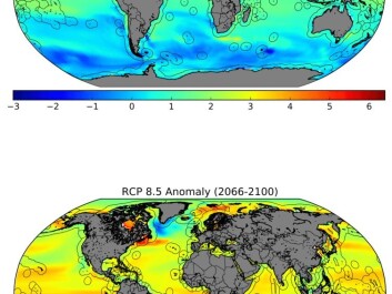 Projected sea temperatures, best- and worst-case scenarios. Black outlines show Exclusive Economic Zones, where the vast majority of fishing takes place. (Illustration: Adapted from Blasiak et al. 2017) Projected sea temperatures, best- and worst-case scenarios. Black outlines show Exclusive Economic Zones, where the vast majority of fishing takes place. (Illustration: Adapted from Blasiak et al. 2017)