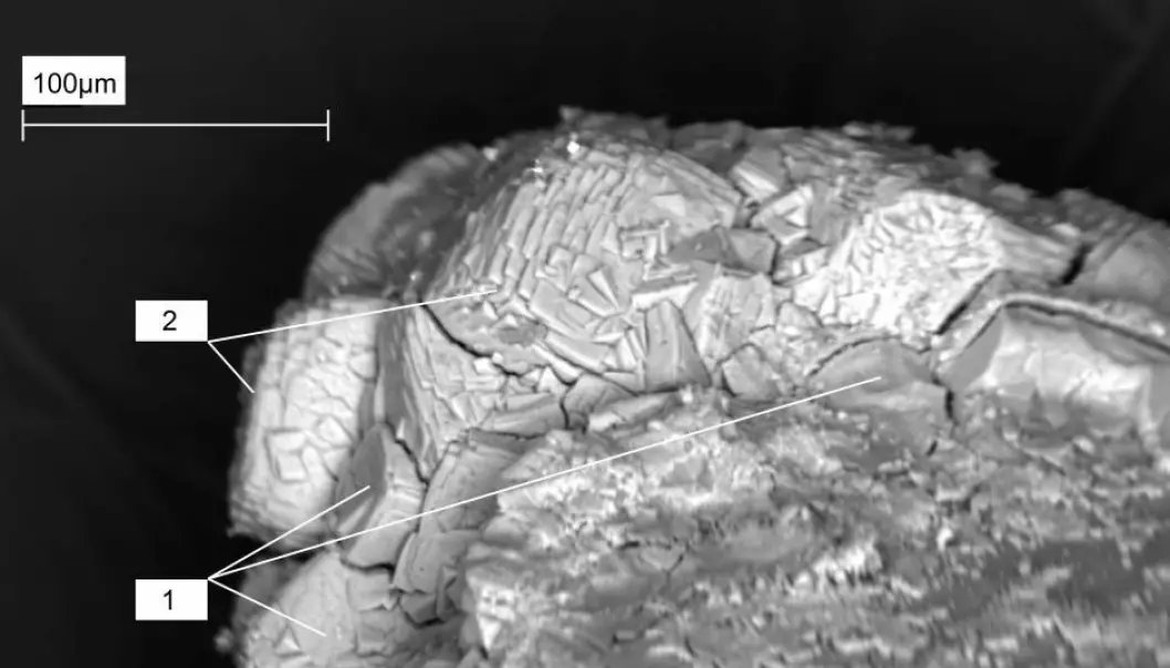Geologists have discovered a new mineral, topsøeite, in Iceland. It is named after the family behind the Danish chemical company Haldor Topsøe. (Electromicroscope image: Anna Garavelli, University of Bari)
