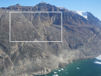 Fresh rock surface and loose debris can be seen to the right of the white box, indicating where the June landslide took place. Another zone of activity can be seen in the upper left of the white box. GEUS scientists have since studied this active area in detail. (Photo: Hermann Fritz) Fresh rock surface and loose debris can be seen to the right of the white box, indicating where the June landslide took place. Another zone of activity can be seen in the upper left of the white box. GEUS scientists have since studied this active area in detail. (Photo: Hermann Fritz)