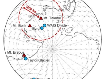 Map of the field sites with volcanoes marked by red triangles and ice cores indicated by blue circles. The red dotted line shows estimated fall out from volcano, 17,700 years ago. (Illustration: McConnell et al. 2017 / PNAS) Map of the field sites with volcanoes marked by red triangles and ice cores indicated by blue circles. The red dotted line shows estimated fall out from volcano, 17,700 years ago. (Illustration: McConnell et al. 2017 / PNAS)