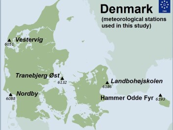 Location of the five automatic weather stations used in this article. The temperature data for each station were collected between 1875 and 2016. (Map: DMI) Location of the five automatic weather stations used in this article. The temperature data for each station were collected between 1875 and 2016. (Map: DMI)