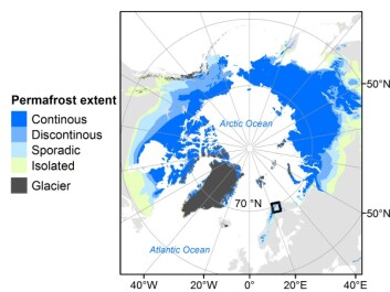 The study area as indicated with a black rectangle belongs to the circum-Arctic permafrost realm and is representative of cold-regions that are especially sensitive to climate change. (Credit: Author provided) The study area as indicated with a black rectangle belongs to the circum-Arctic permafrost realm and is representative of cold-regions that are especially sensitive to climate change. (Credit: Author provided)