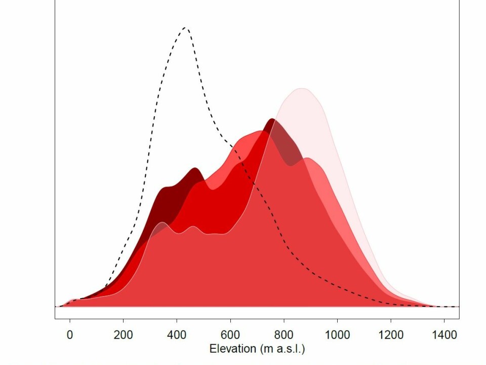 Frost and snow related land surface processes are shifting to higher elevations due to climate change. The dashed black line shows the current extent of the four studied processes in respect to elevation (m a.s.l. = meters above sea level), and the red shades depict the predicted change in distributions for three different climate change scenarios by 2070-2099. RCP2.6: drastic emissions cuts, RCP4.5: moderate emissions cuts, RCP8.5: business as usual with no cuts in emissions. (Graph: Author provided)