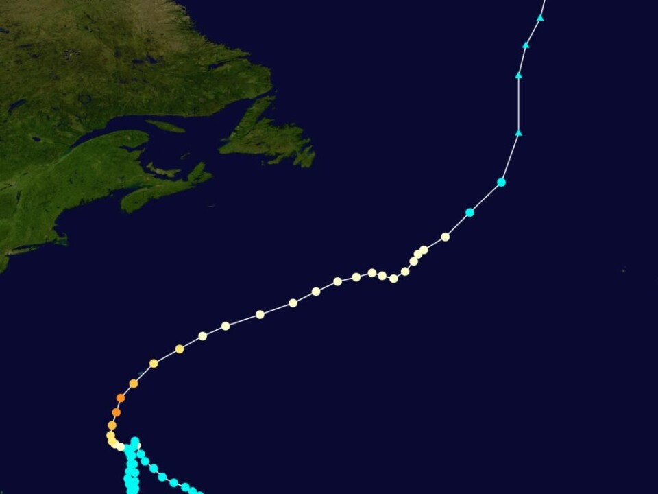 Storm track of Hurricane Nicole in 2016. Credit: Created by Cyclonebiskit using WikiProject Tropical cyclones/Tracks. Background image is from NASA. Tracking data from the National Hurricane Center’s running best track.
